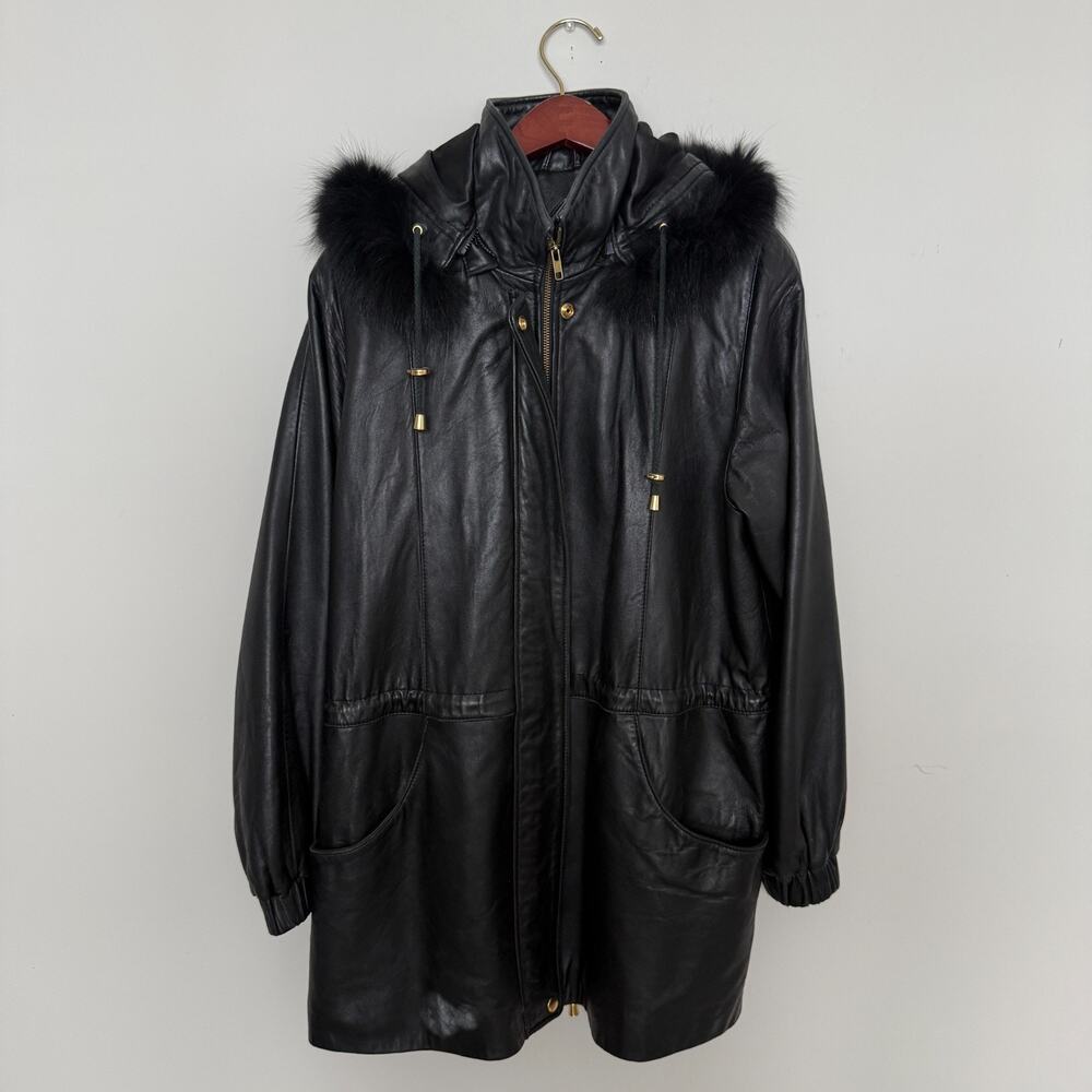Worthington Womens Genuine Leather Coat Large Black Hooded Faux Fur Trim Luxury - Picture 2 of 16